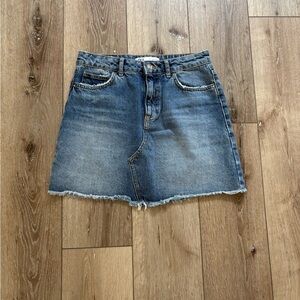 Zara Medium Blue Denim Mini Skirt with Frayed Hem